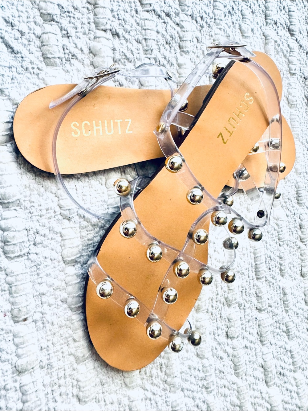 SCHUTZ Clear Studded Sandals with Tan Footbed